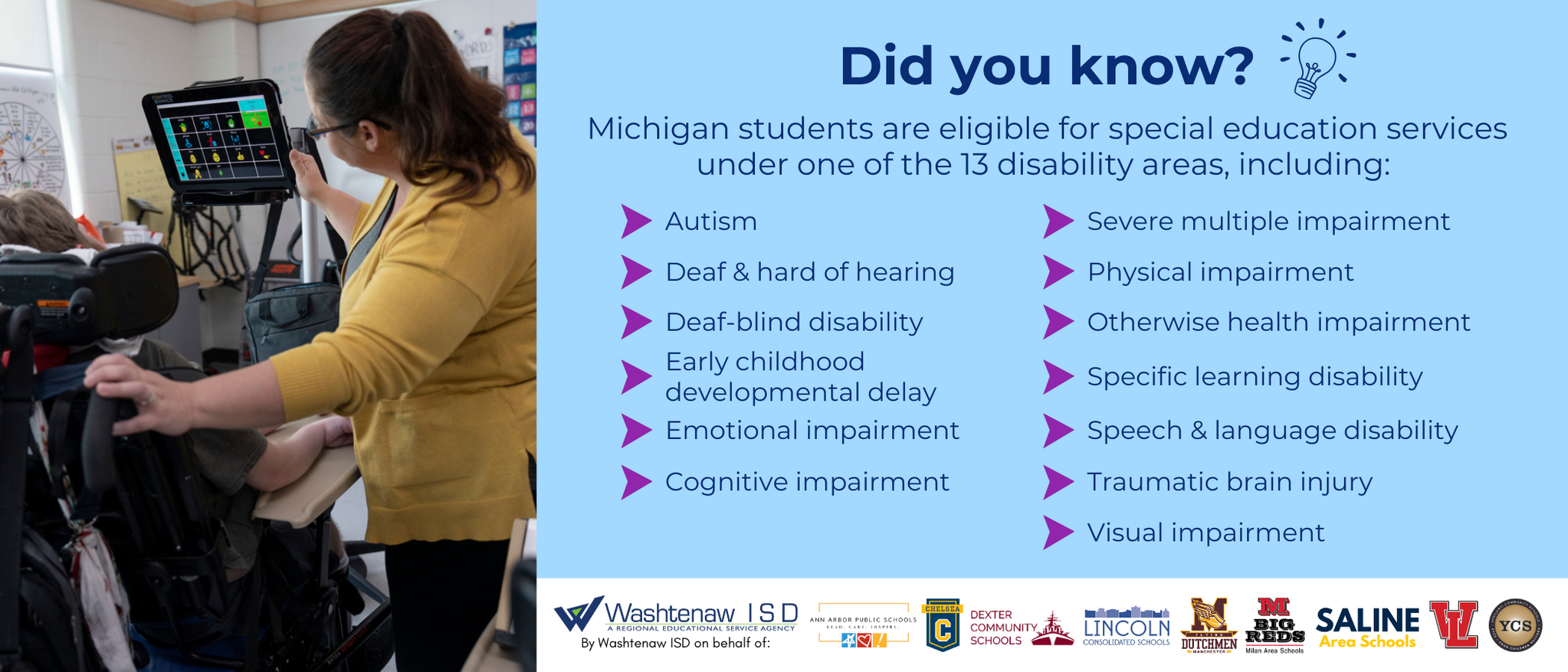 Did you know? Michigan students are eligible for special education services under one of 13 disability areas.